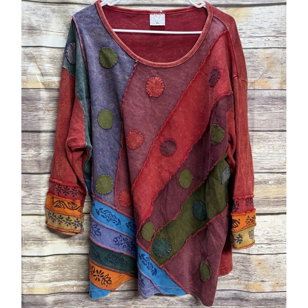 Greater Good Patchwork Boho Top 3XL  Colorful Rainbow Artsy Hippie Raw Edge